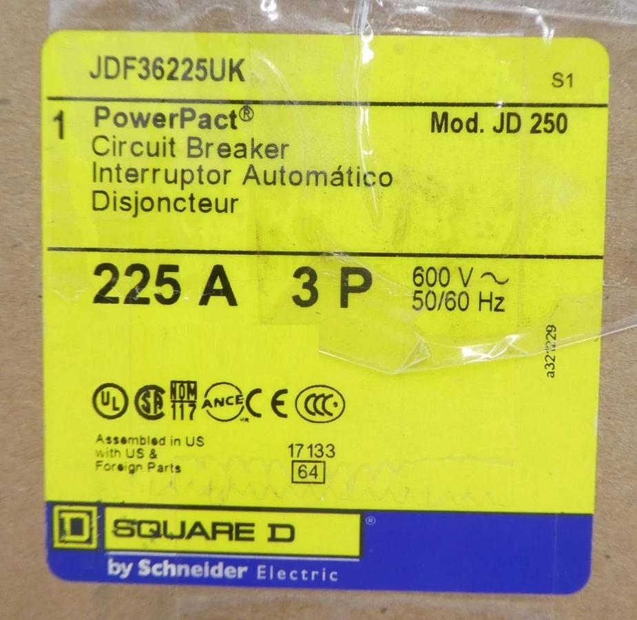 Square D JDF36225UK Circuit Breaker PowerPact JD 250 Schneider New Surplus