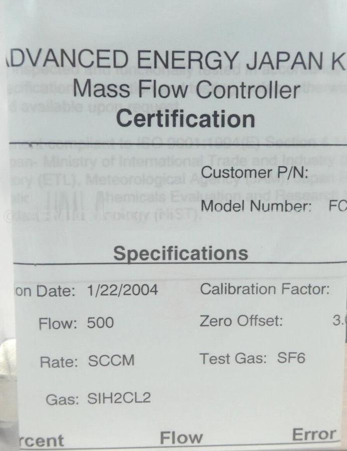Aera FC-260J Mass Flow Controller MFC 500 SCCM SiH2Cl2 New Surplus