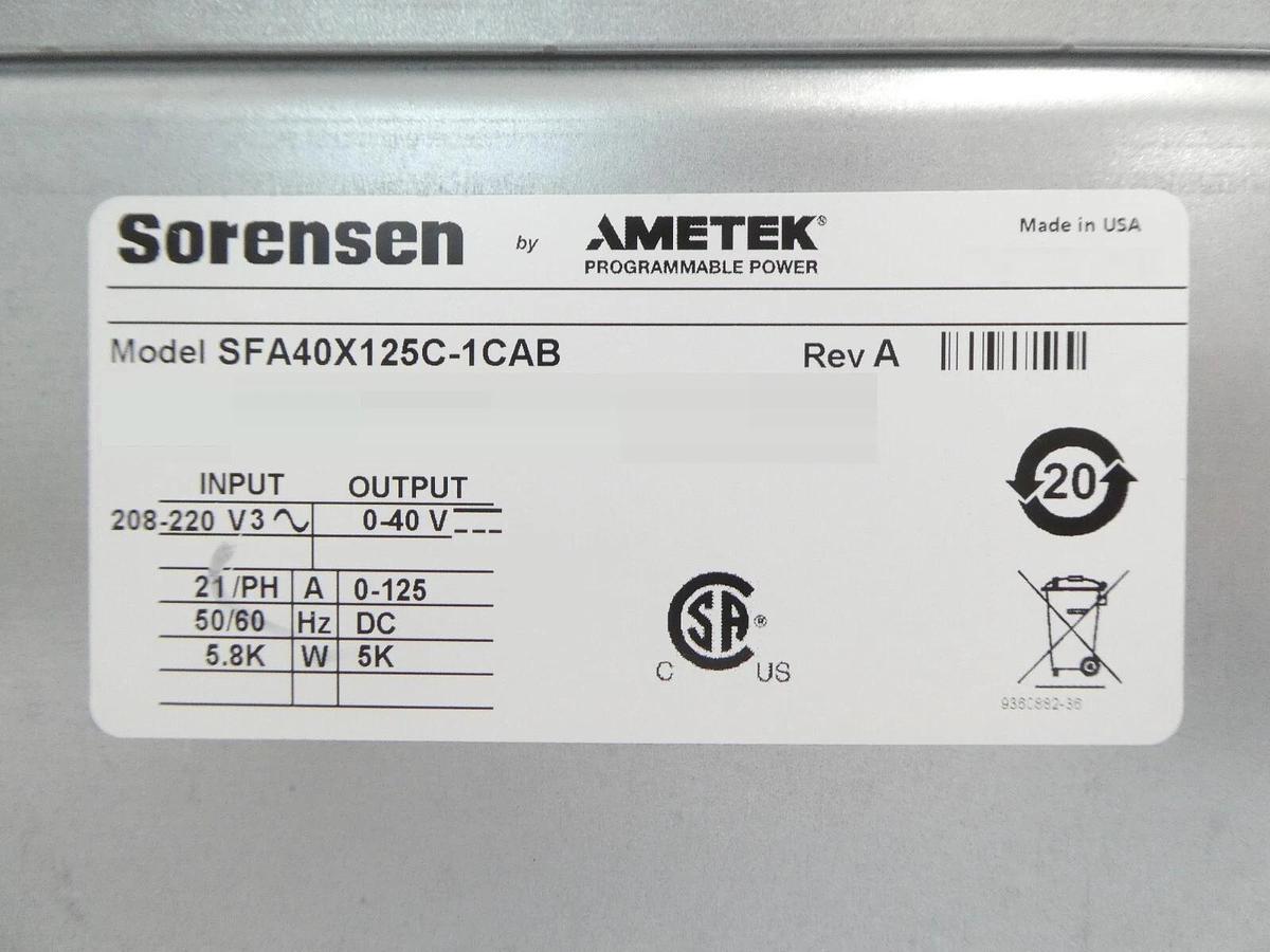 Used Sorensen SFA40X125C-1CAB Programmable Power Supply SFA 40/125 Ametek Working