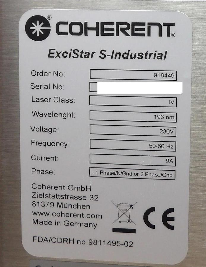 Used Coherent 918449 Exciter S-Industrial Excimer Laser Module Surplus Spare
