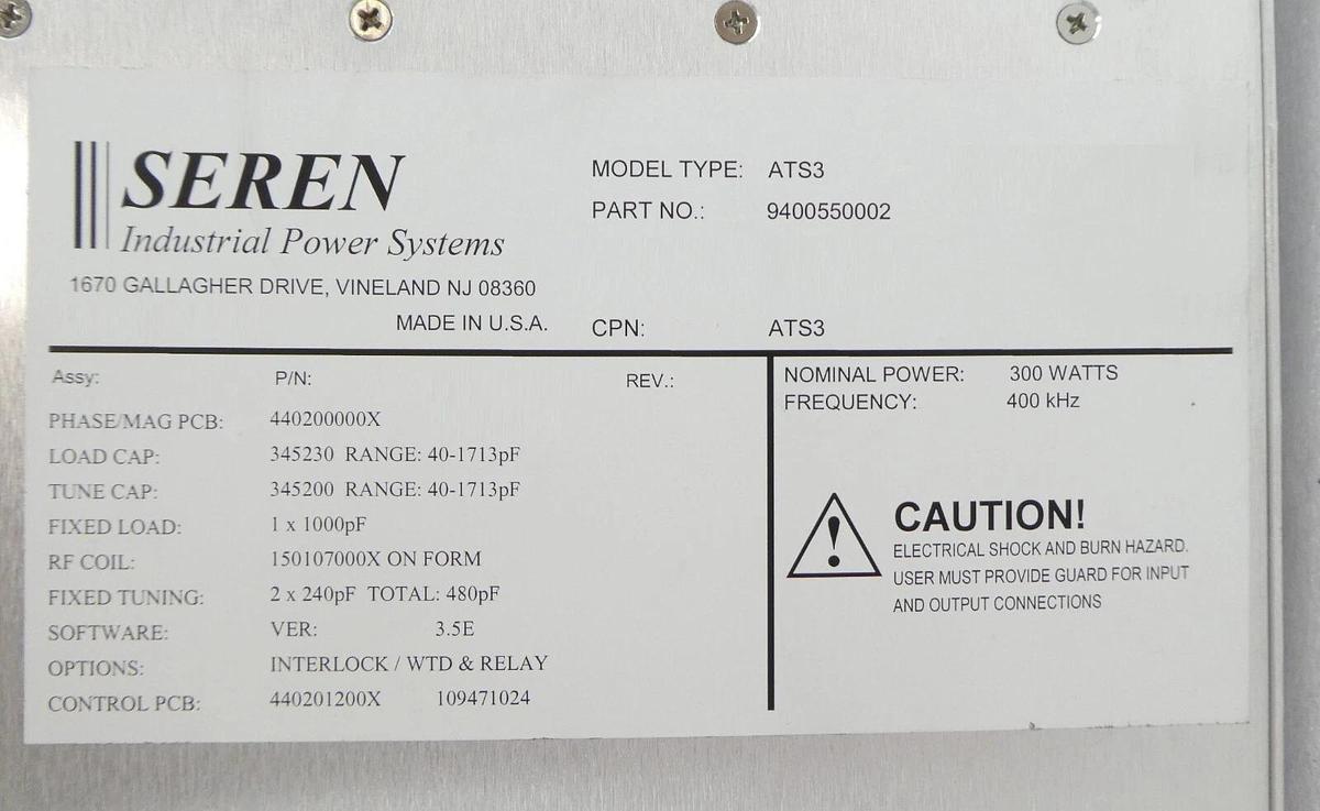 Used Seren IPS 9400550002 Automatic RF Matching Network ATS3 300W 400kHz Working