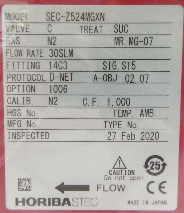 Horiba STEC SEC-Z524MGXN Mass Flow Controller MFC Z500 30 SLM N2 New Surplus