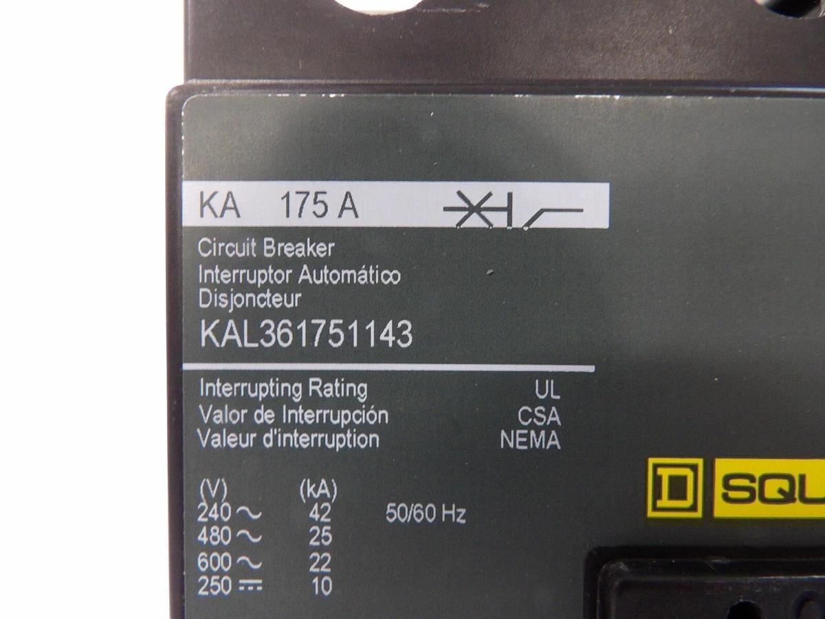 Square D KAL361751143 3 Pole Industrial Circuit Breaker KA 175A New Surplus