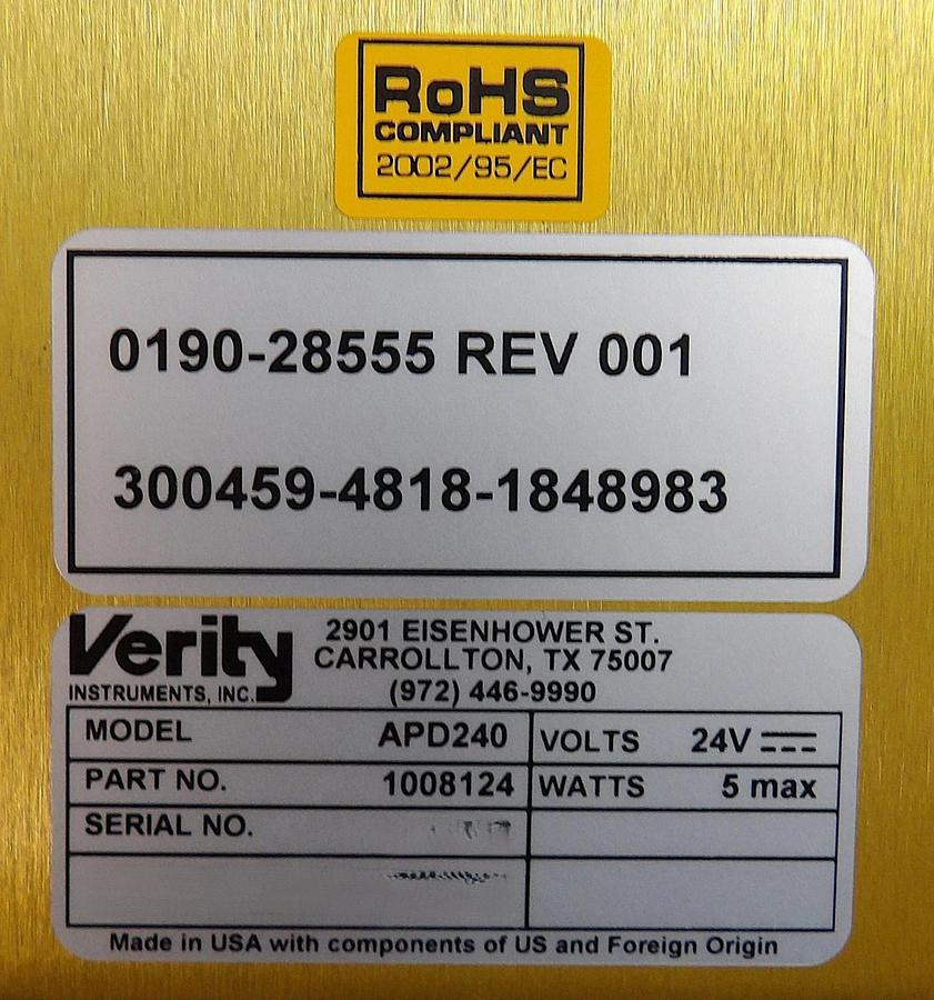 Used Verity Instruments 1008124 Laser Optical Module APD240 AMAT 0190-28555 Working