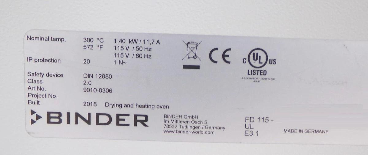 Used Binder 9010-0306 Drying and Heating Chamber with Forced Convection FD115 Working
