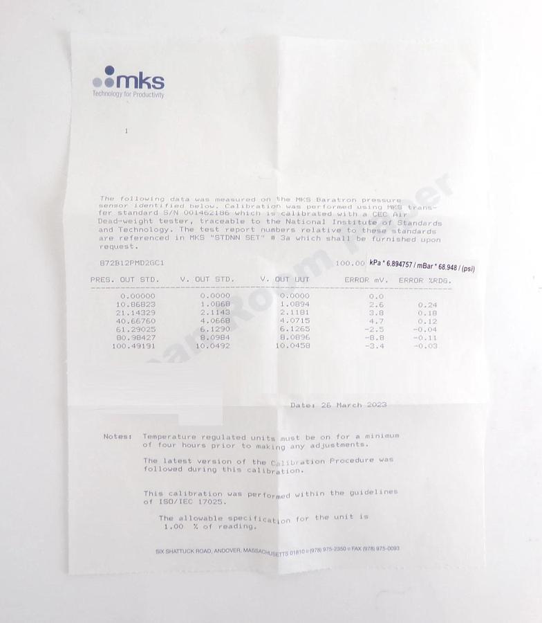 MKS Instruments 872B12PMD2GC1 Baratron Pressure Transducer New Surplus