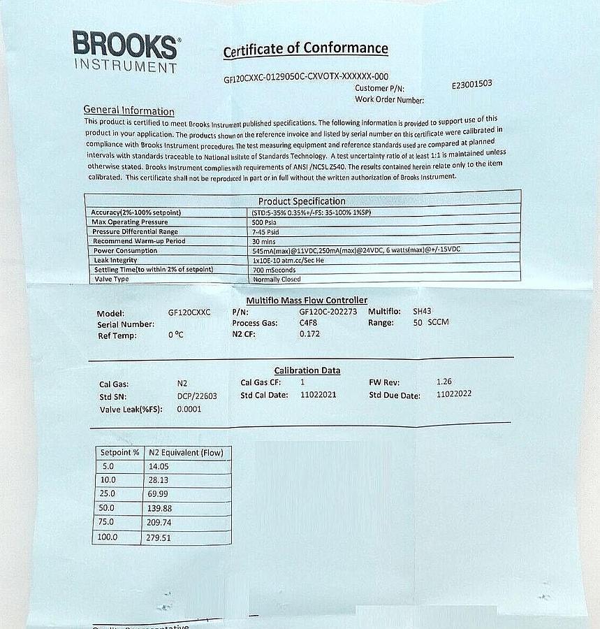 Brooks Instrument GF120C-202273 Mass Flow Controller MFC 50 SCCM C4F8 New