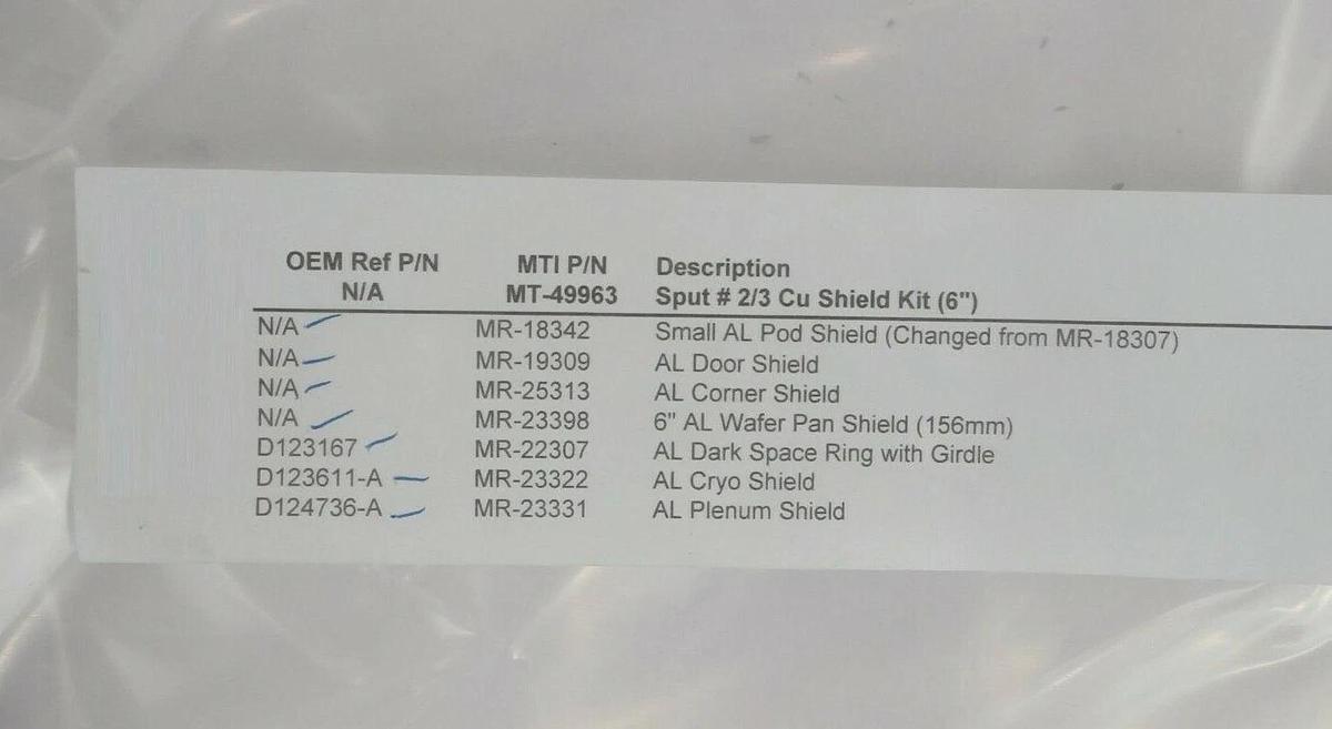 Muto Technology MT-49963 Sputter # 2/3 Cu Shield Kit 6" 150mm Copper New Surplus