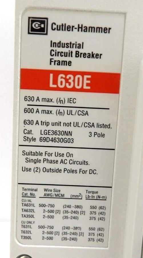 Used Eaton LGE3630NN 3-Pole Industrial Circuit Breaker Assembly L630E Working Spare