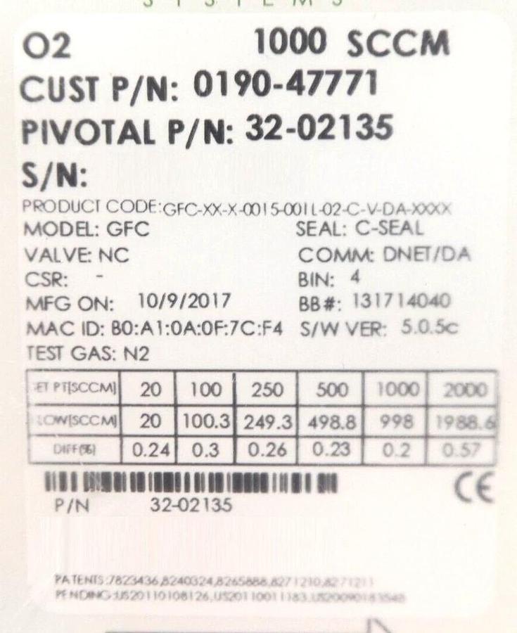 Pivotal 32-02135 Mass Flow Controller MFC 1000 SCCM O2 0190-47771 Lot of 2 New