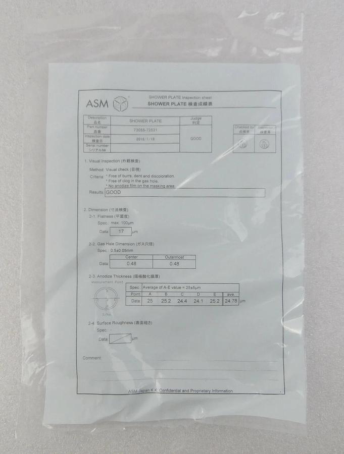 Refurbished ASM Advanced Semiconductor Materials 73055-72531 Shower Plate OEM Cu Refurbished