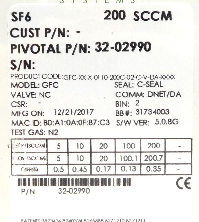 Pivotal Systems 32-02990 Mass Flow Controller MFC 200 SCCM SF6 New Surplus