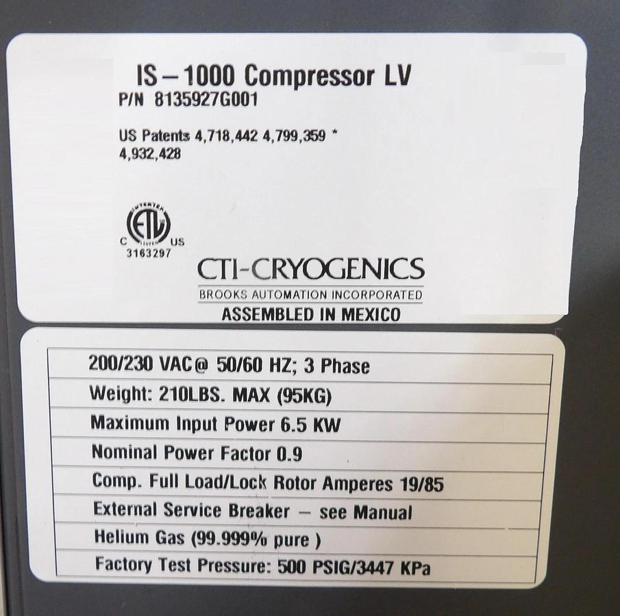 Used IS-1000 CTI-Cryogenics 8135927G001 Cryo Compressor LV Tested Working