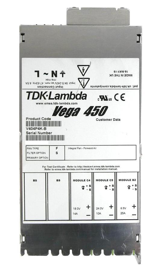 Used TDK-Lambda V404P4K-B Modular Power Supply Vega 450 Working Surplus