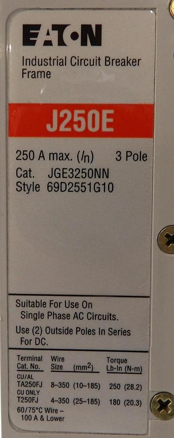 Used Eaton JGE3250NN 3 Pole Circuit Breaker J250E JT325032 Working Surplus