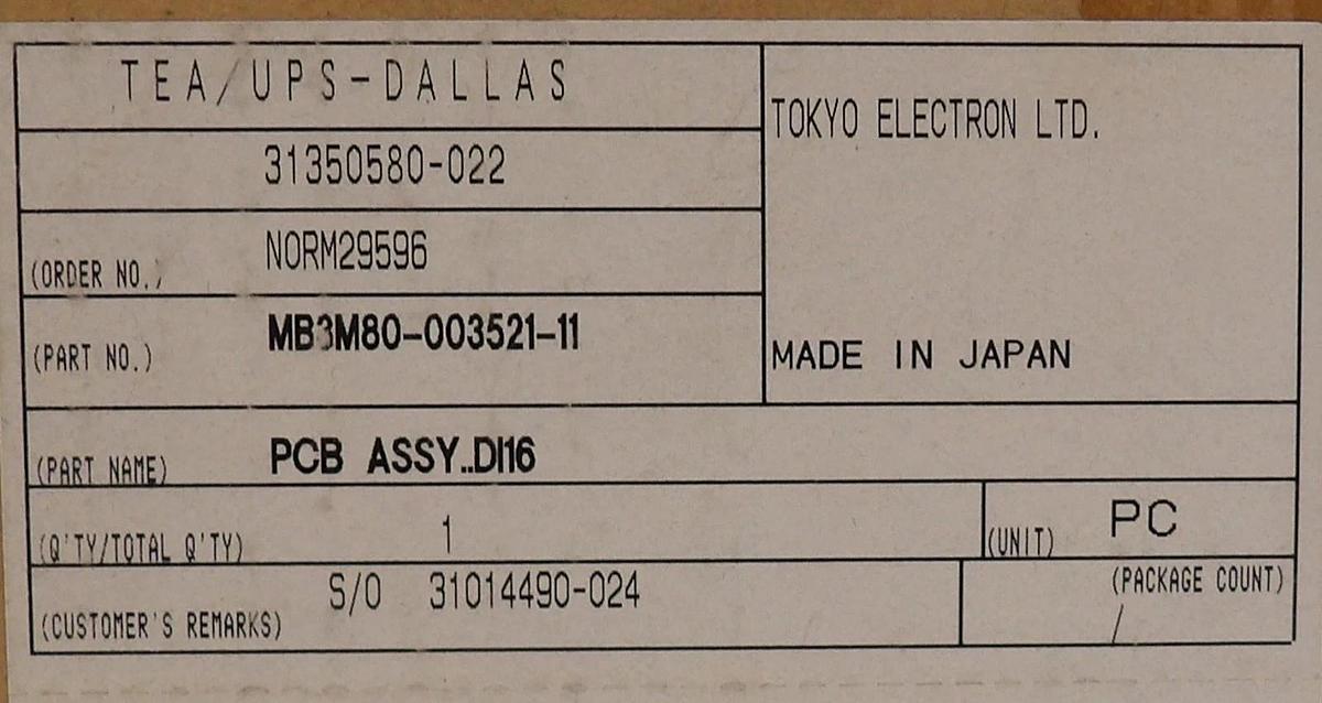 TEL Tokyo Electron 3M80-003521-11 PCB Assembly DI16 New Surplus