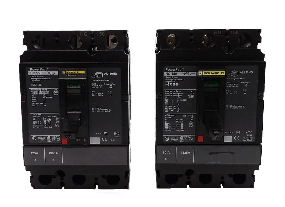 Used Square D HG 150 Circuit Breaker HGF36125 HGF36080 Reseller Lot of 2 Working