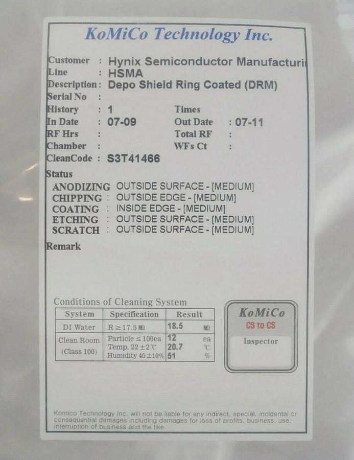 Used KoMiCo DRM White Coated Depo Shield Ring Coated TEL Tokyo Electron Cleaned Spare