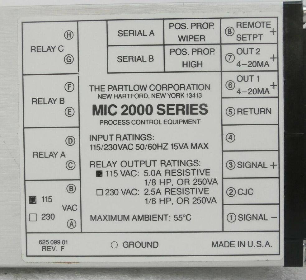 Used Partlow 2123021EA Process Controller MIC 2000 Mattson 934-14007-00 Working Spare