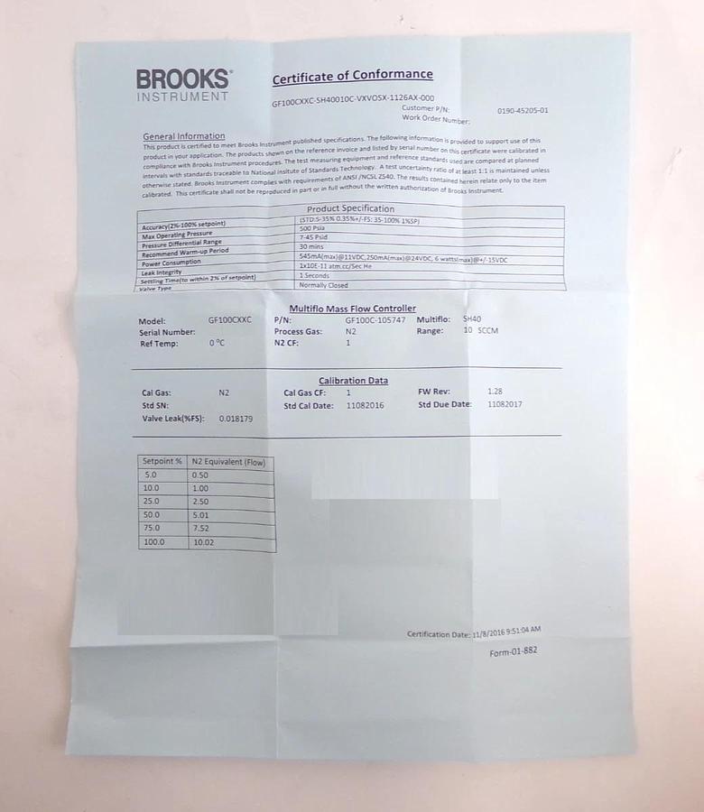 Brooks Instrument GF100C-105747 Mass Flow Controller MFC 10 SCCM N2 New