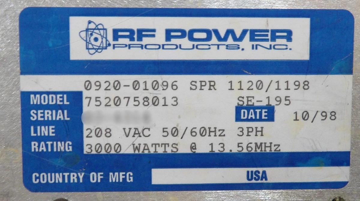 Used RF30R/PWT RFPP RF Power Products 7520758013 RF Generator Surplus Untested