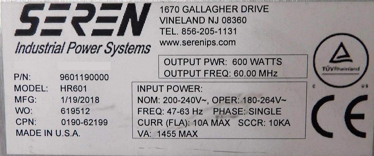 Used HR601 Seren 9601190000 RF Generator 600 Watts @ 60.00 MHz Working Surplus