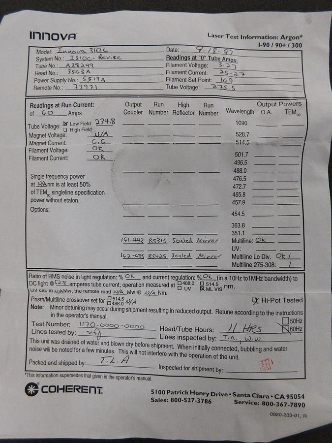 Used COHERENT INNOVA 0169-628-00A Laser Emission, Model I300C