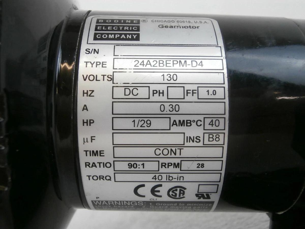 Used Bodine Electric 24A2BEPM-D4 DC Gearmotor Loader Assembly Veeco 1201 Working