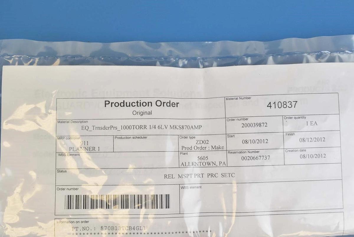 Used MKS Instruments 870B13TCB4GL1 Baratron Pressure Transducer Working Surplus