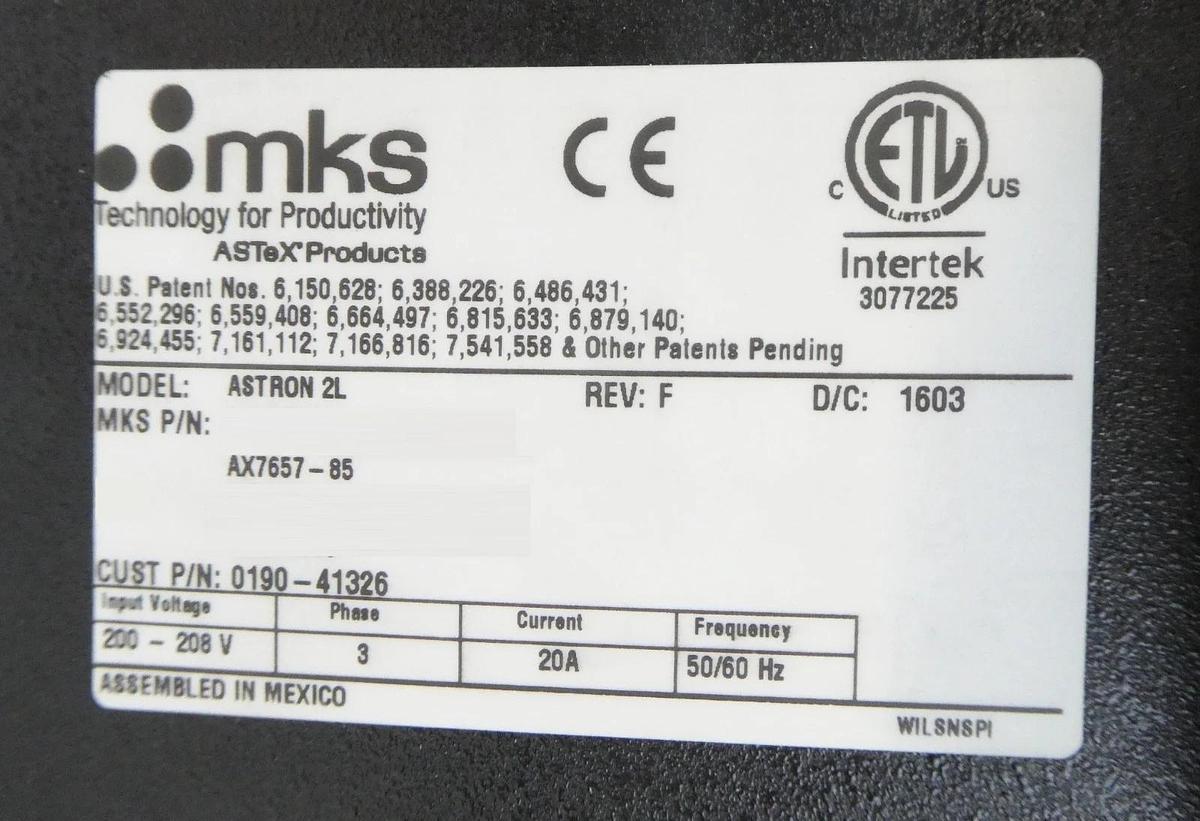 Used ASTRON 2L MKS Instruments AX7657-85 Plasma Source 3050 Hours Tested Working