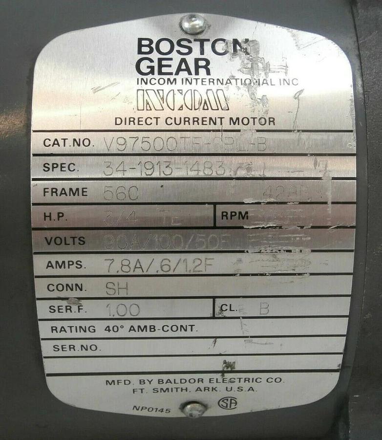 Used Boston Gear V97500TF-SPL-B Direct Current Motor 34-1913-1483 Working Surplus