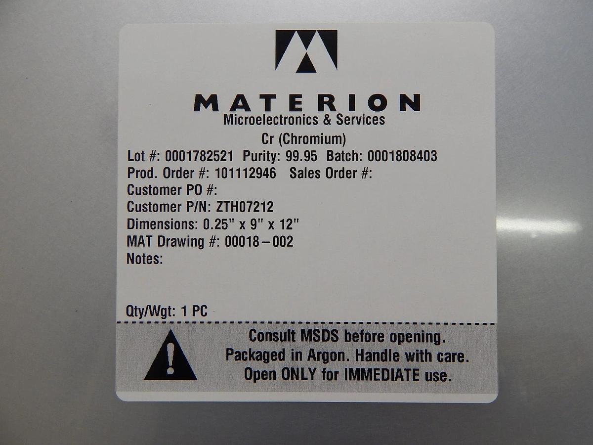 Materion Microelectronics ZTH07212 Cr Chromium Target for Cymetra New Surplus