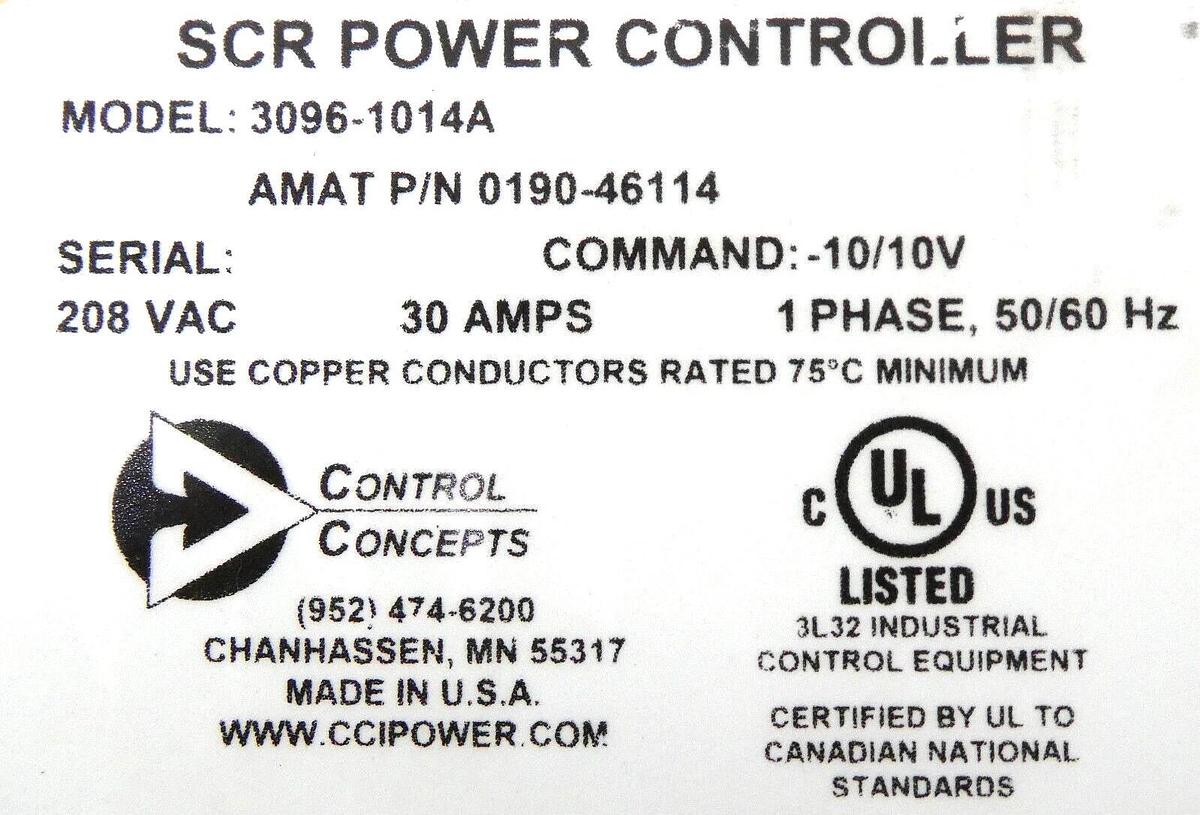 Used Control Concepts 3096-1014A SCR Power Controller AMAT 0190-46114 Working Surplus