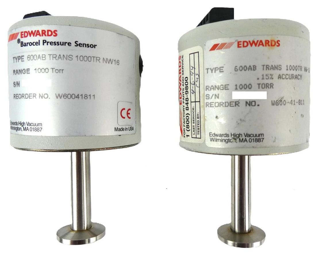 Used Edwards W60041811 Barocel Pressure Sensor 1000 Torr NW16 Lot of 2 Working