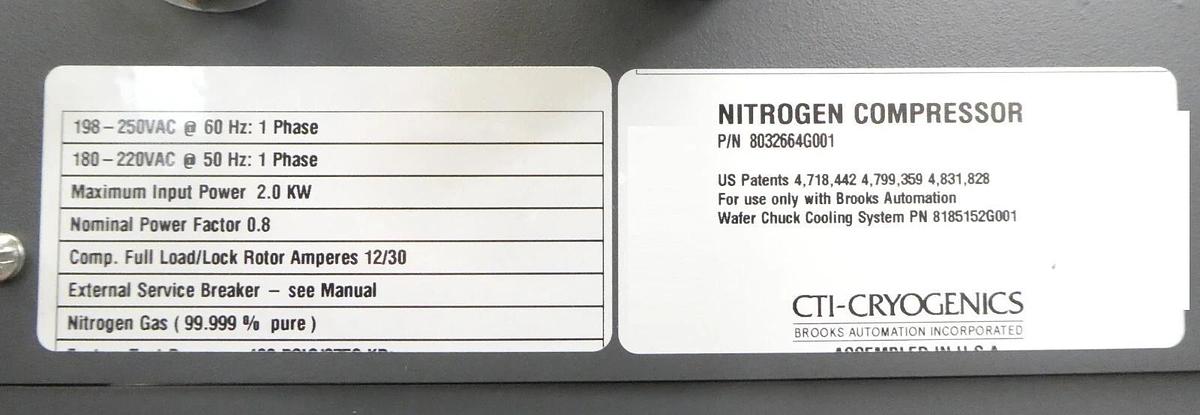 Used CTI-Cryogenics 8032664G001 Wafer Cooling Nitrogen Compressor 8200 Tested Working