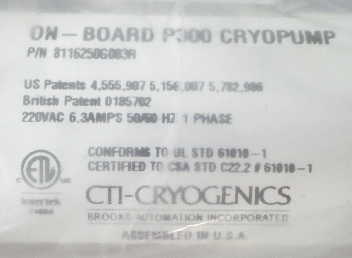 Refurbished CTI-Cryogenics 8116250G003 On-Board P300 Cryopump with 8113212G001R Refurbished
