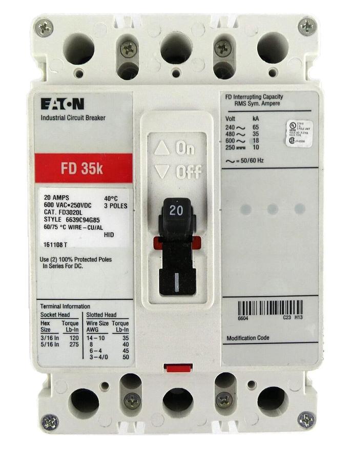 Used Eaton 6639C94G85 Industrial Circuit Breaker FD3020L Working Surplus