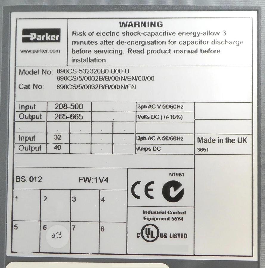 Used Parker 890CS/5/0032B/B/00/N/EN 890 Modular AC Drive 6511-RS232-00-G Working