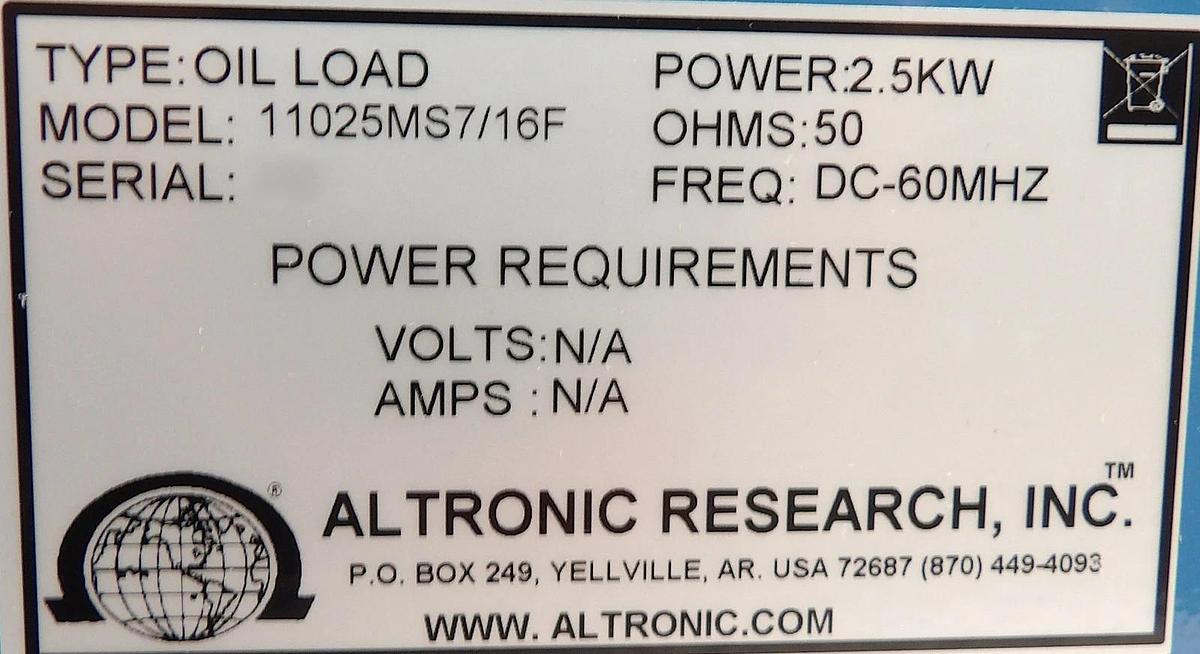 Altronic Research 11025MS7/16F Oil Cooled 2.5kW RF Load 11025 New Surplus