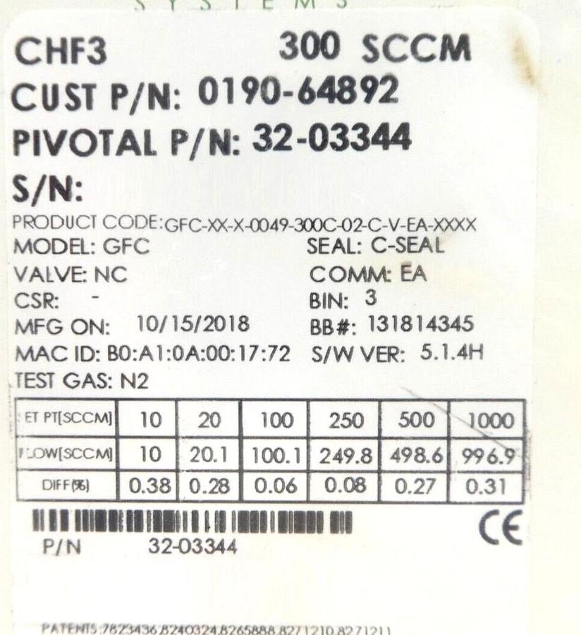 Pivotal Systems 32-03344 Mass Flow Controller MFC 300 SCCM CHF3 0190-64892 New