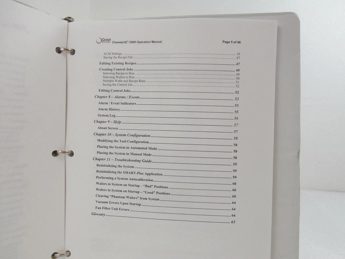 Used Qcept QSD-3001.01 ChemetriQ 3000 Wafer Inspection System Operation Manual Spare