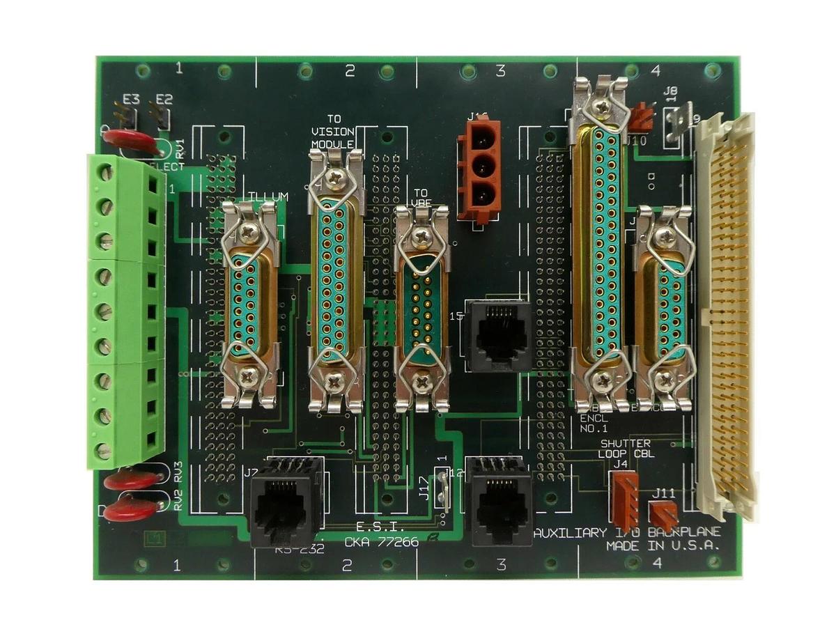 Used ESI Electro Scientific Industries CKA 77266 Auxiliary I/O Backplane PCB Working