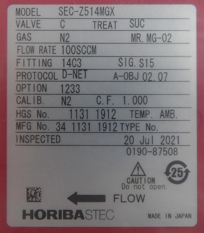 Used Horiba SEC-Z514MGX Mass Flow Controller MFC Z500 100 SCCM N2 New Surplus