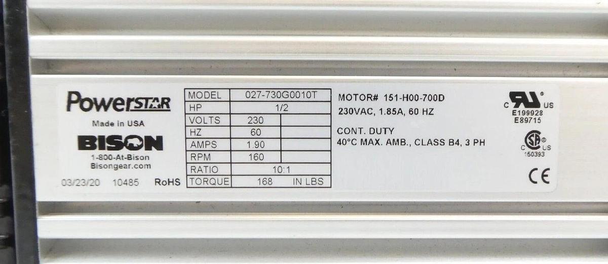 Used PowerSTAR 027-730G0010T Right Angle Hypoid Gearmotor 730 151-H00-700D Working