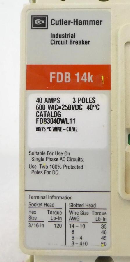 Used Cutler-Hammer FD3015L FDB3040WL11 3-Pole Circuit Breaker FDB 14k Lot of 4