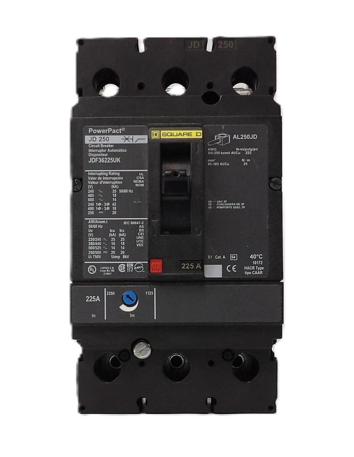 Used Square D JDF36225UK 3-Pole Circuit Breaker PowerPact JD 250 Working Surplus