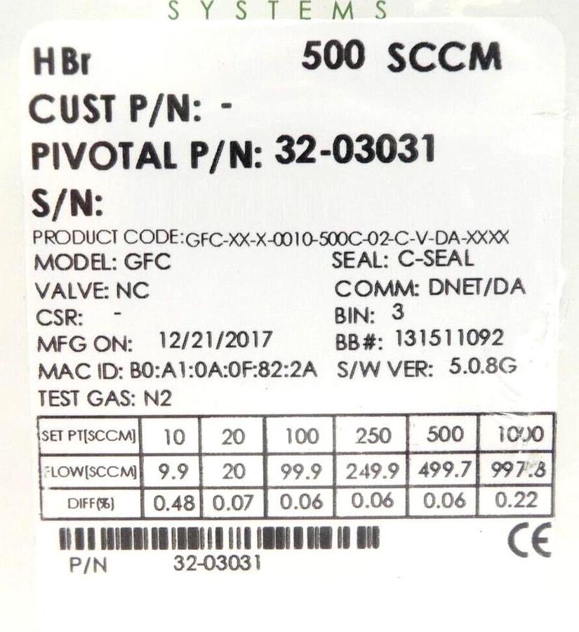 Pivotal Systems 32-03031 Mass Flow Controller MFC 500 SCCM HBr New Surplus