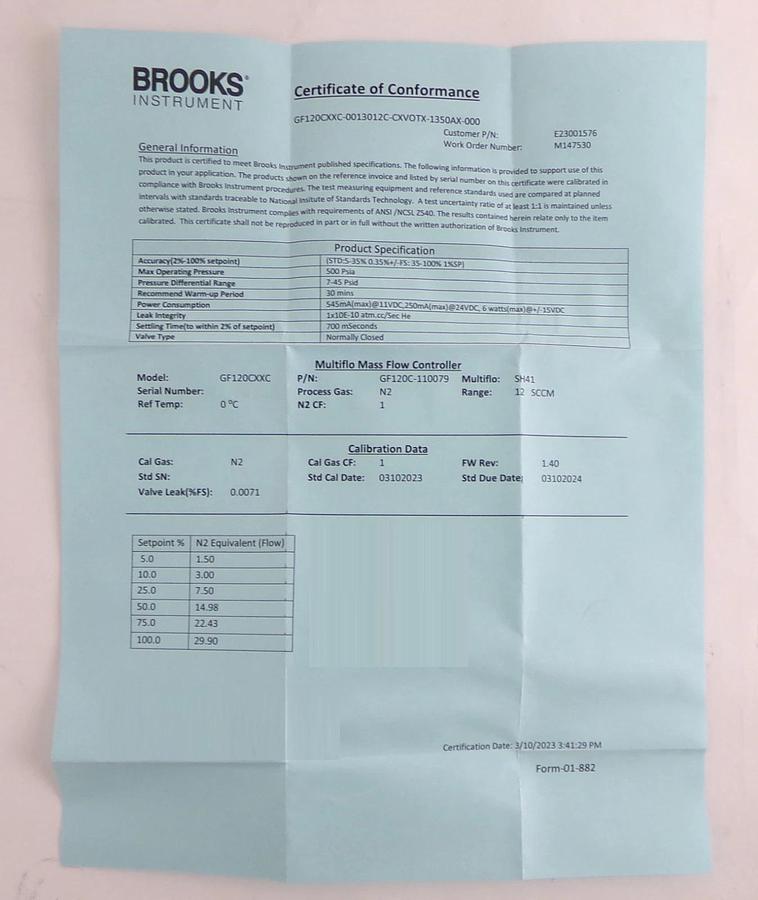 Brooks Instrument GF120C-110079 Mass Flow Controller MFC 12 SCCM N2 New