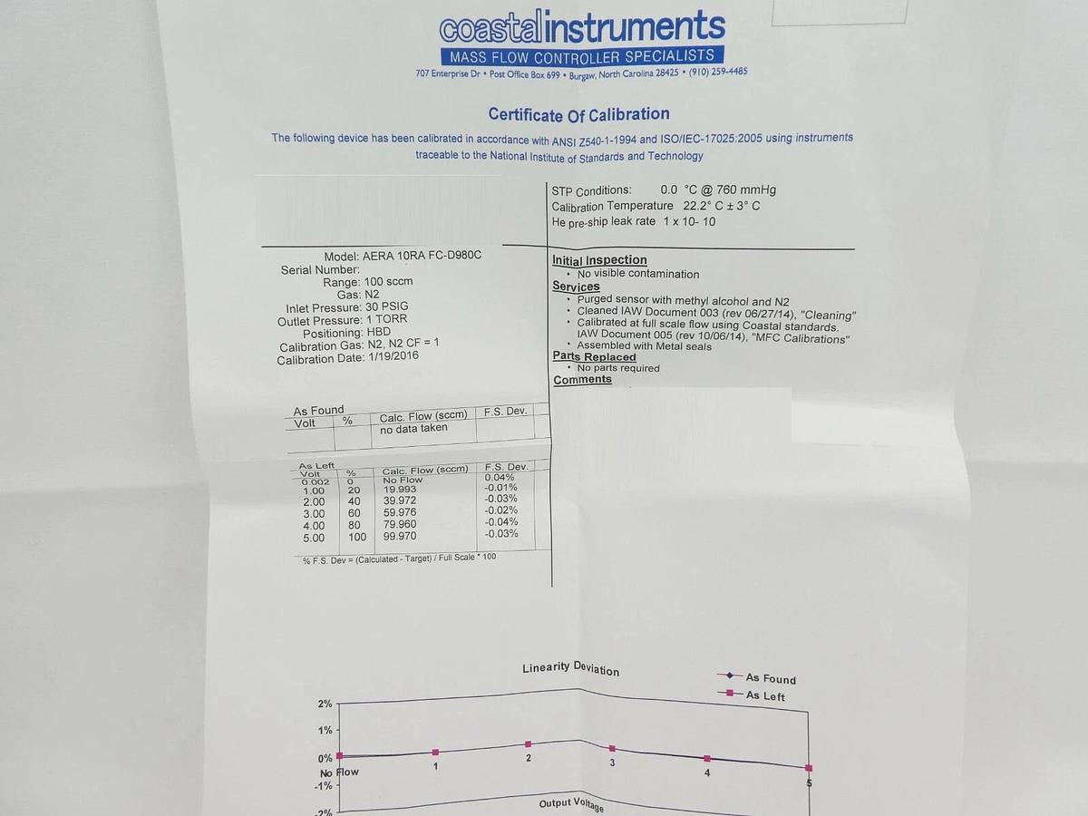 Refurbished Aera FC-D980C Mass Flow Controller MFC 100 SCCM N2 Refurbished Surplus