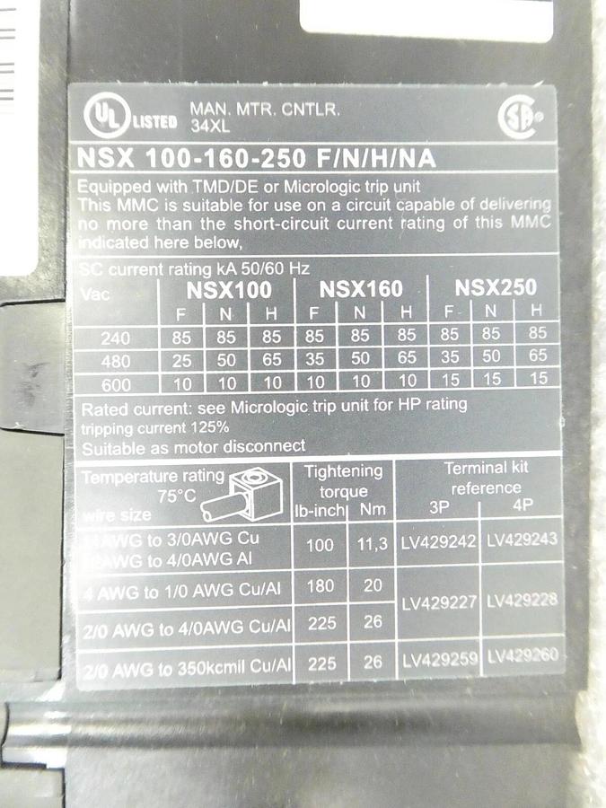 Used Schneider NSX 100-160-250 F/N/H/NA Circuit Breaker NSX 100F Lot of 2 Working